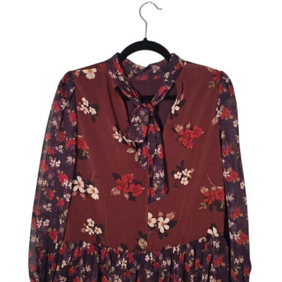Eliza J Burgundy Floral Long Sleeve Tiered Dress Size 4 - Picture 7 of 12